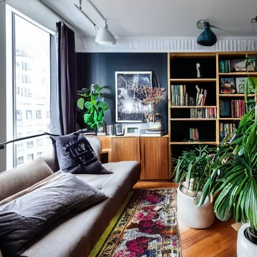 Prompt: award winning interior design city apartment, cozy and calm, fabrics and textiles, colorful accents, hardwood floors, book shelf, couch, desk, balcony door, plants, photograph magazine, wide angle