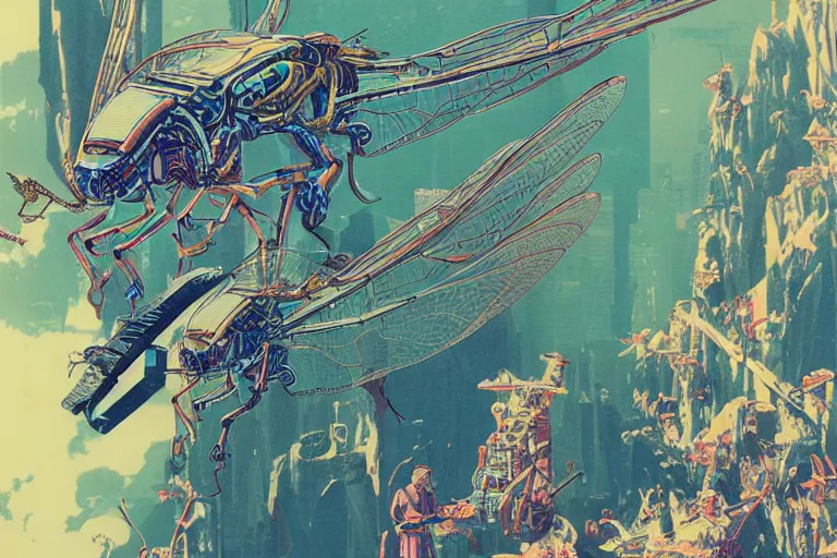 Prompt: gigantic dragonflies with human faces catch tiny robots, a lot of exotic mechas robots around, human heads everywhere, risograph, colorful flat surreal design, super - detailed, a lot of tiny details, fullshot, by luigi serafini and moebius