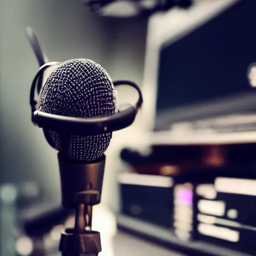 Prompt: A photograph of a bird wearing headphones and speaking into a high-end microphone in a recording studio