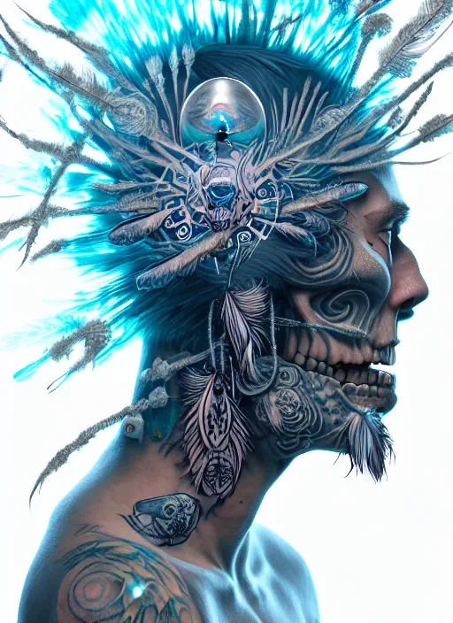 Image similar to 3 d shaman with tattoos profile portrait, sigma 5 0 0 mm f / 5. beautiful intricate highly detailed skull and feathers and hairs and tattoos. bioluminescent, plasma, frost, water, wind, creature, gradient background, thunderstorm! artwork by tooth wu and wlop and beeple and greg rutkowski, 8 k trending on artstation,