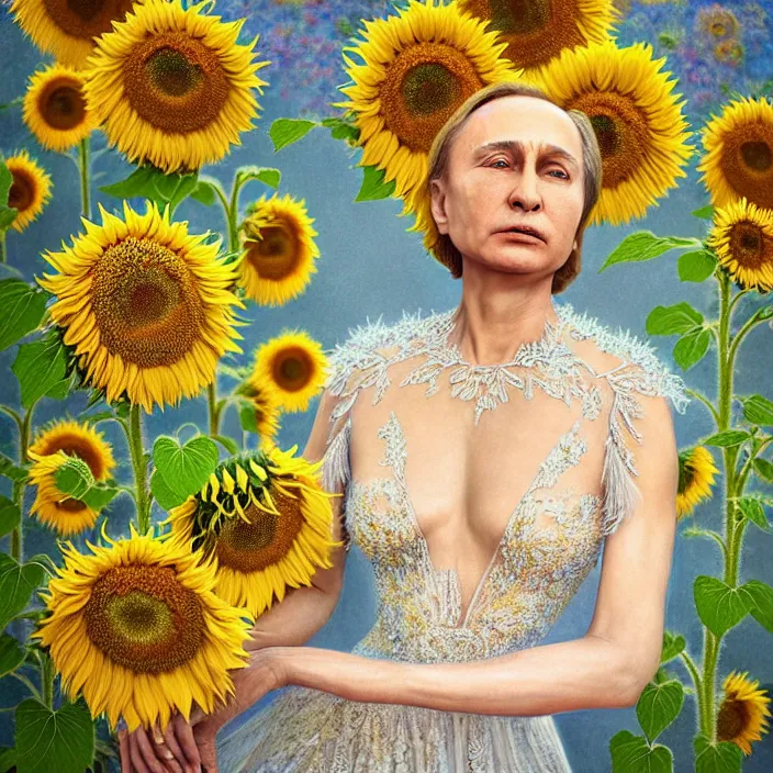 Image similar to photo portrait of Vladimir Putin - sunflowers - dressed in long elegant intricate ornamental ethereal sunflower dress, natural skin tone, highly detailed realistic flowers ornament in the upper side of breast, hair and wrinkles are intricate with highly detailed realistic flowers, elegant, Realistic, Refined, Highly Detailed, natural soft pastel lighting colors scheme, fine art photography by Cecil Beaton, volumetric lighting, hyper realistic photography