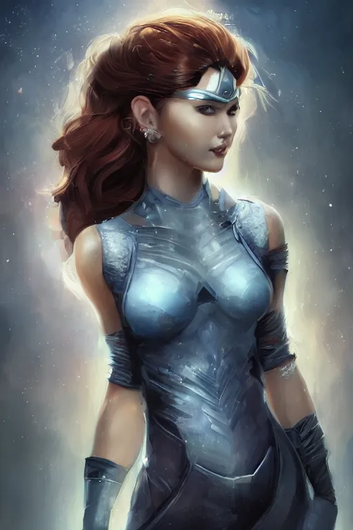 Image similar to three quarters portrait pose of a beautiful woman,super hero costume,heroic pose,highly detailed, digital painting,illustration, art by Stanley Lau