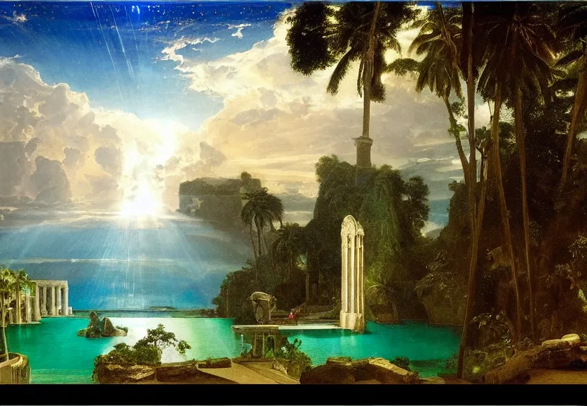 Prompt: Palace of the chalice, refracted sparkles, thunderstorm, greek pool, beach and Tropical vegetation on the background major arcana sky, by paul delaroche, hyperrealistic 4k uhd, award-winning, very very very detailed