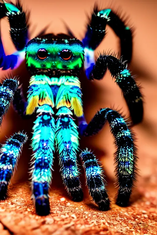 Image similar to high quality macro photo iridescent tarantula! jewelled supercute! highly detailed david ligare elson peter cinematic blue lighting high quality low angle hd 8k sharp shallow depth of field