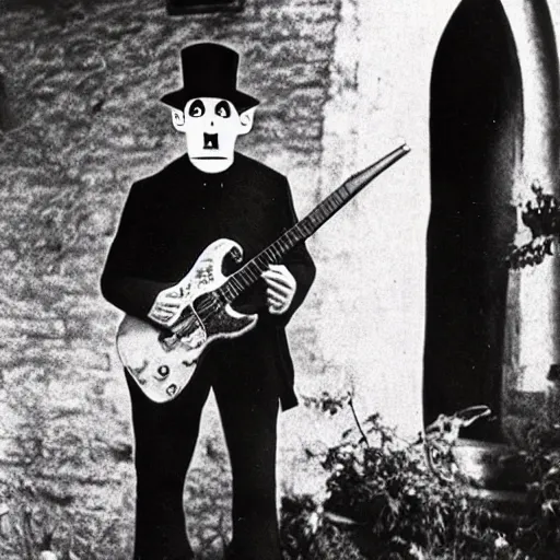 Image similar to vintage photograph of count orlok outside his castle, playing the blues on guitar, castle in the background, 4 k