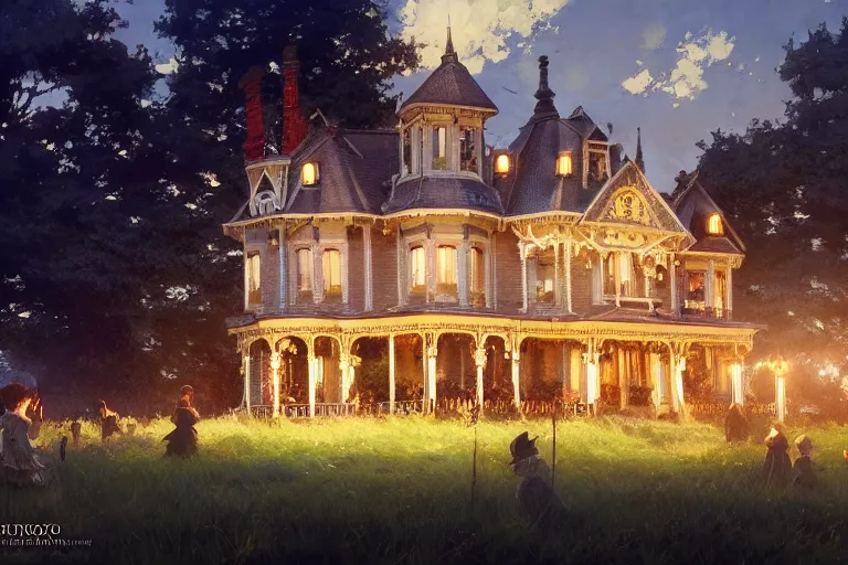 Image similar to an ornate victorian house, party in front, scene in an open field. 1 8 9 0, key visual, conceptart, ambient lighting, highly detailed, digital painting, artstation, concept art, sharp focus, by makoto shinkai and akihiko yoshida and greg manchess