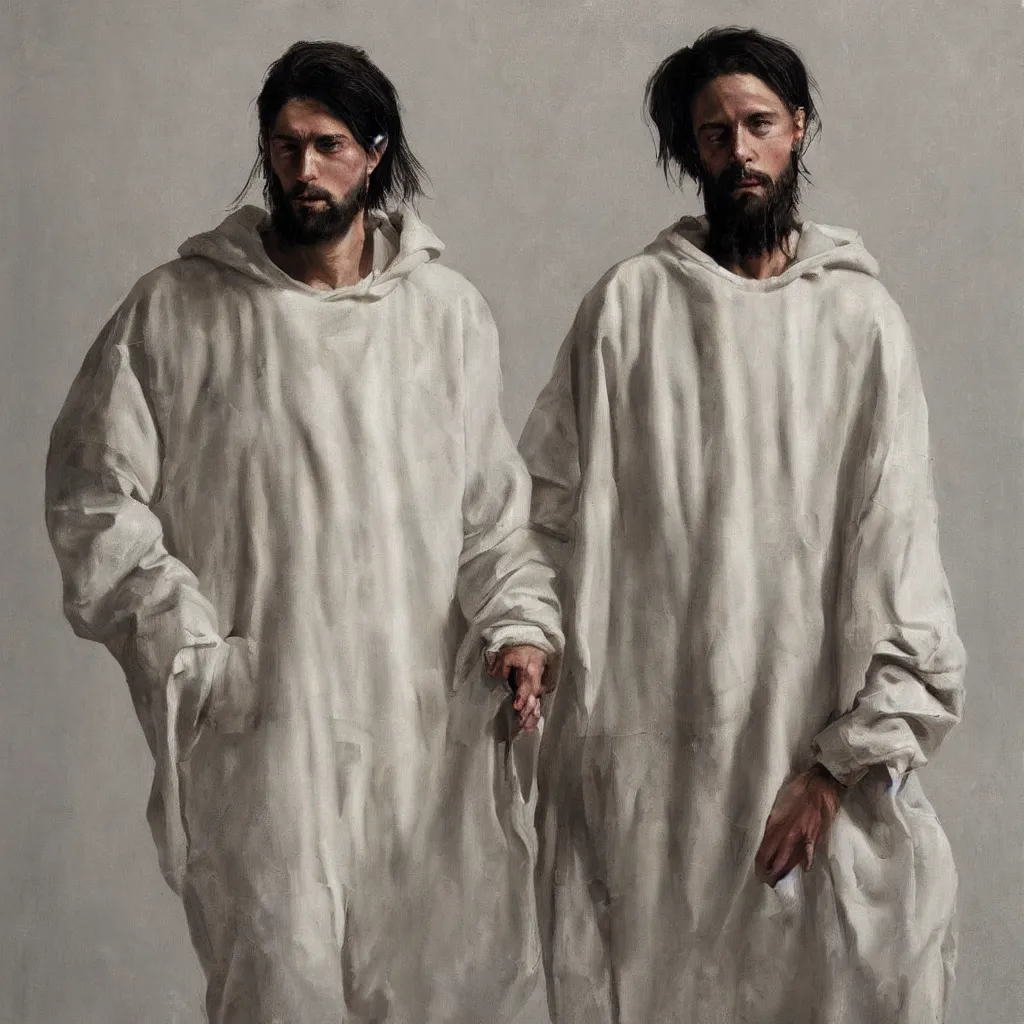 Prompt: a full body lookbook portrait of modern - day jesus wearing cream yeezy menswear collection by nicola samori, hat and hoodie, detailed, oil painting, hyper - realistic, 8 k, yeezy collection