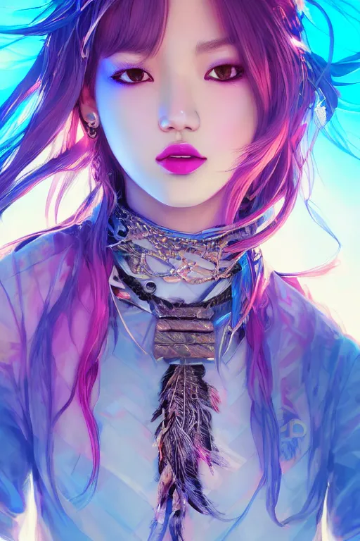 Prompt: extremely beautiful female portrait, lisa from blackpink, accelerated perspective wavy hair, dof skin, white choker on neck with feathers, light blue + cyberpunk background, soft light detailed illustration by ilya serafleur / kuvshinov / rossdraws / tian zi, sharp focus, moody lighting from top, vibrant pupils, lipstick on lips, d & d fantasy race