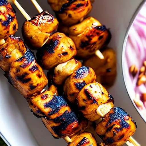 Image similar to thai peanut chicken skewers, michelin star food, detailed food, food photography