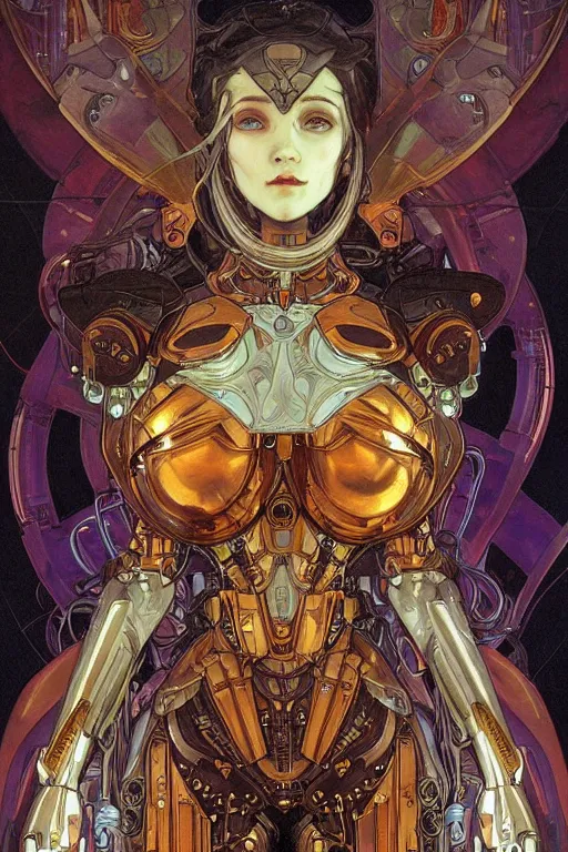 Prompt: realistic detailed portrait of a humanoid mecha cyberpunk! goddess by Alphonse Mucha and Charlie Bowater, rule of thirds, golden ratio, Art Nouveau cyberpunk! style, mechanical accents!, mecha plate armor, glowing LEDs, flowing wires with leaves, rich deep moody colors