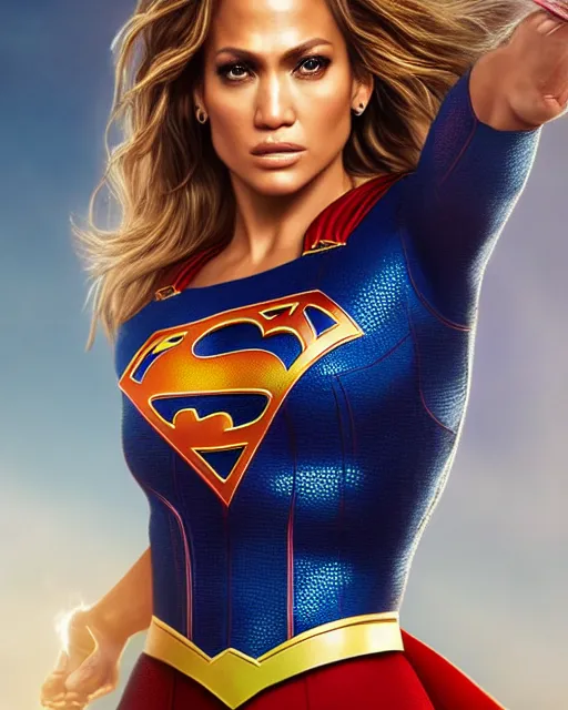 Image similar to 5 5 mm portrait photo of jennifer lopez as supergirl. magical atmosphere. art by artgerm and greg rutkowski. highly detailed 8 k. intricate. lifelike. soft light. nikon d 8 5 0.