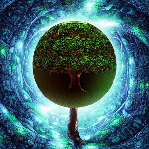 Prompt: “Tree of life, trip, mushrooms, portal, black hole, space, Unreal Engine 5 render, 8k”