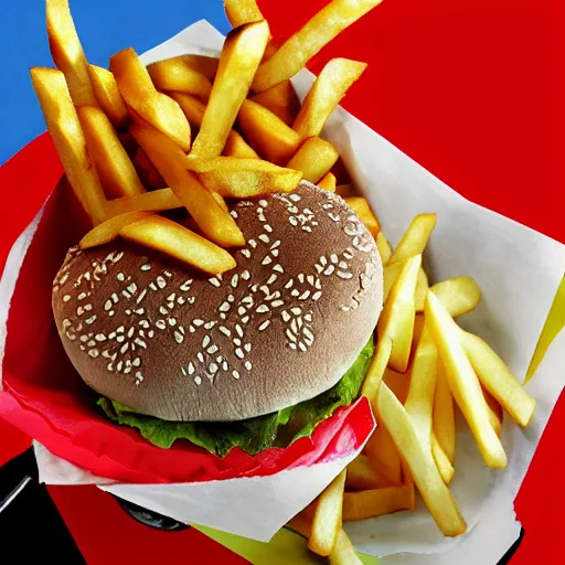 Image similar to pebbles burger, soda, fries