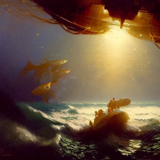 Image similar to point of view of deep in the ocean looking up, you see fishes, higher up you see very clearly the milk way illuminating the sea down bellow. highly detailed painting by gaston bussiere, greg rutkowski 8 k