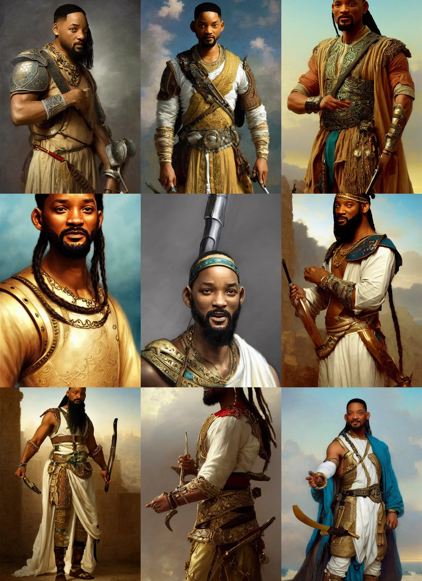 Prompt: will smith portrait as ancient libyan warrior, long curled beard, long cornrows, white and teal garment, gold jewelry, intricate, elegant, highly detailed, digital painting, artstation, concept art, smooth, sharp focus, illustration, orientalism, edwin long, bouguereau, rutkowski