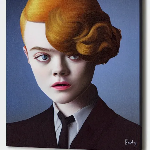 Image similar to professional painting of Elle Fanning in the style of Rene Magritte, head and shoulders portrait, symmetrical facial features, smooth, sharp focus, illustration, intricate, stormy weather, extremely detailed masterpiece,