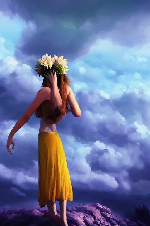 Image similar to closeup giant dahlia flower as head, girl standing on mountain, surreal photography, blue storm clouds, dramatic light, impressionist painting, digital painting, artstation, simon stalenhag