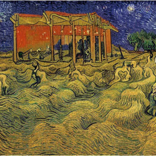 Image similar to eschers metamorphosis as painted by van gogh, surreal and detailed