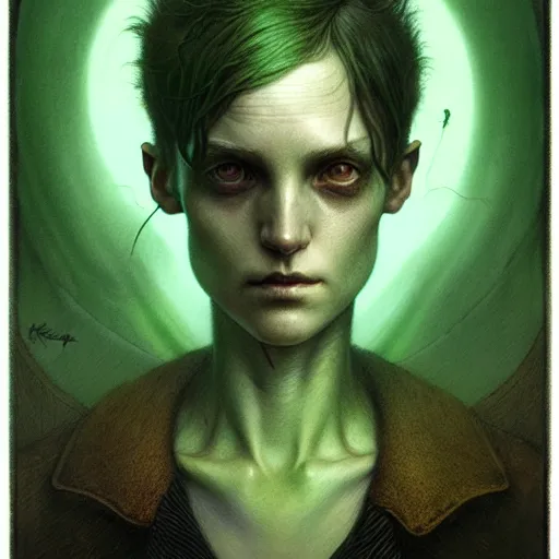 Image similar to portrait top light, by killian eng and bernie wrightson and martin deschambault and tom bagshaw, inspired by city of lost children, green and brown only, etching, fine, sharp high detail,