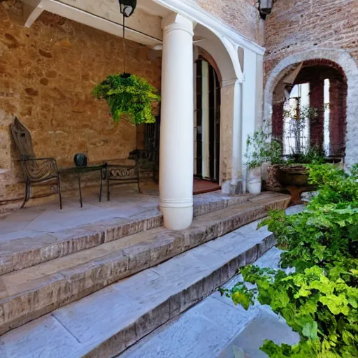 Prompt: paved porch with staircase on the left that goes to the first floor in an italian courtyard