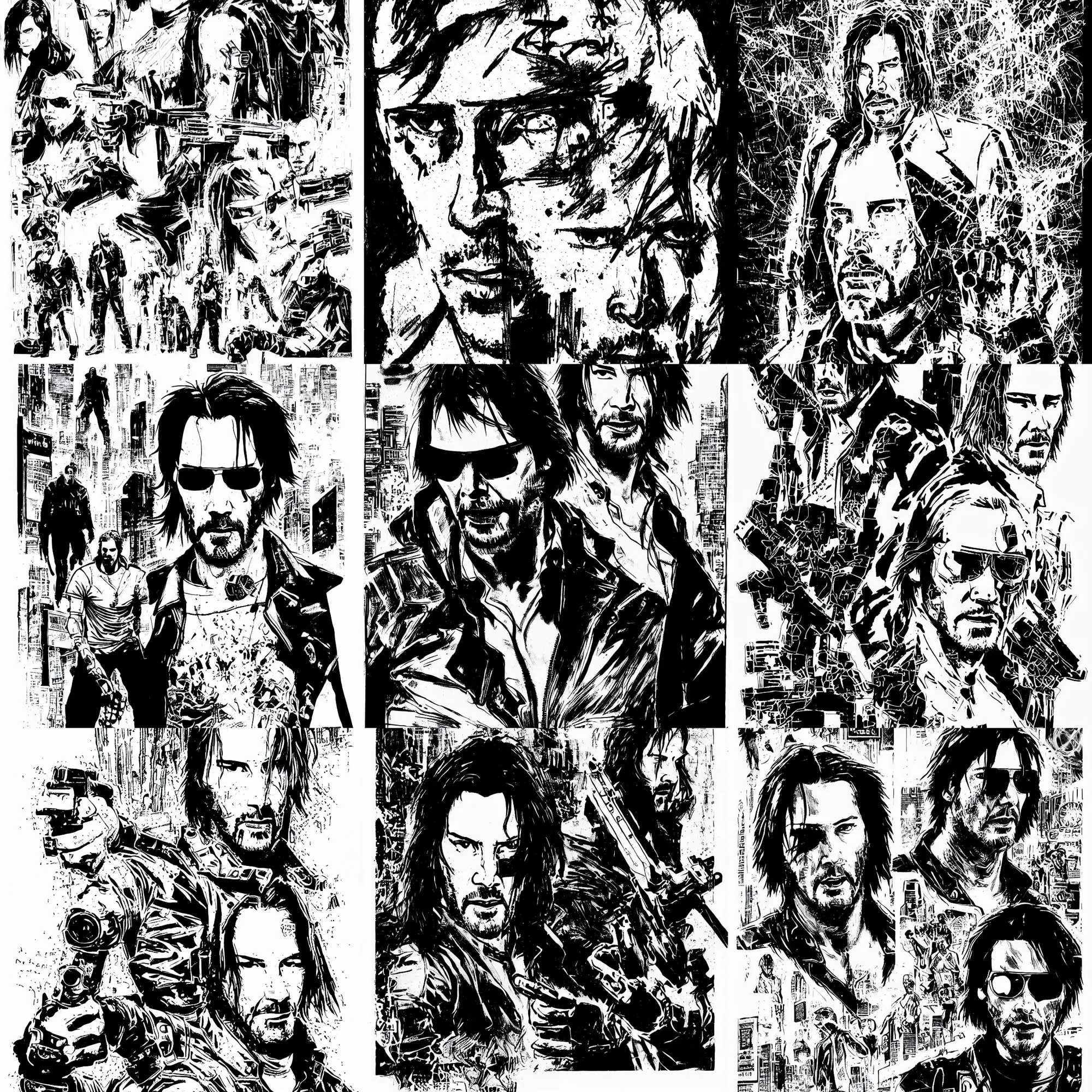 Image similar to keanu reeves, a page from cyberpunk 2 0 2 0, style of paolo parente, style of mike jackson, adam smasher, johnny silverhand, 1 9 9 0 s comic book style, white background, ink drawing, black and white, mid - shot