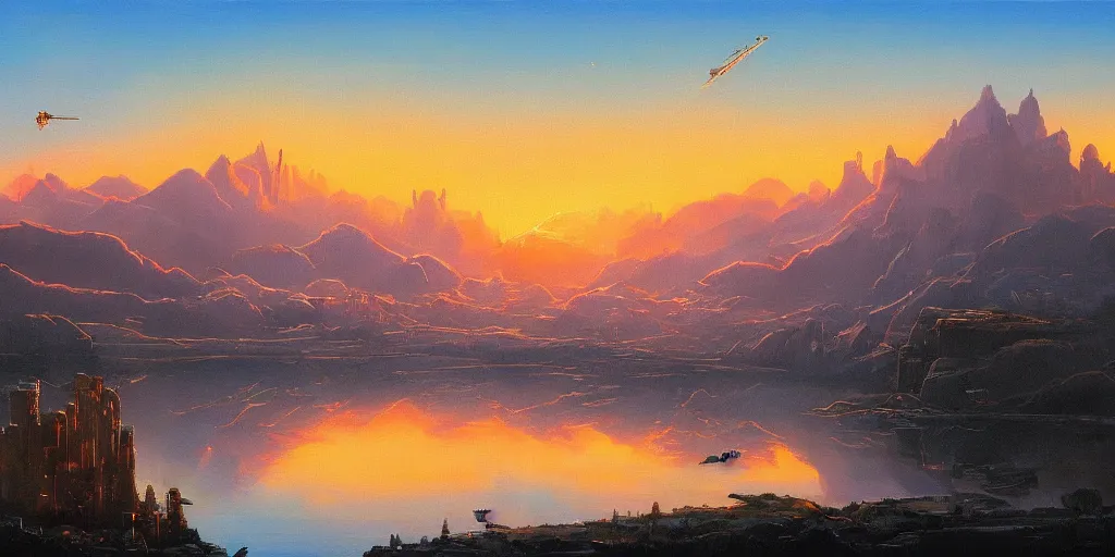 Image similar to a landscape with a futuristic city and spaceship flying in the sky, mountains, a lake and clouds in background at sunset, oil painting
