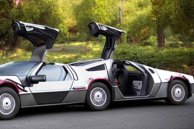 Image similar to a single delorean and tesla roadster hybrid, dslr