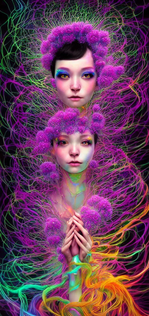 Image similar to hyper detailed 3d render like a Oil painting - kawaii portrait Aurora demon (ancient black haired Fae acrobat) seen Eating of the Strangling neural network of yellowcake aerochrome and technoligcal lightning cable and Her delicate Hands hold of gossamer polyp blossoms bring iridescent fungal flowers whose spores black the foolish stars by Jacek Yerka, Mariusz Lewandowski, Houdini algorithmic generative render, Abstract brush strokes, redshift render, Masterpiece, Edward Hopper and James Gilleard, Zdzislaw Beksinski, drawn by Takato Yamamoto and Katsuhiro Otomo, full body character drawing, inspired by Evangeleon, clean ink detailed line drawing, intricate detail, extremely detailed, 8k