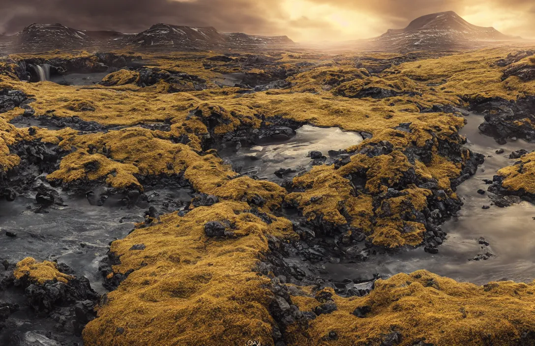 Prompt: a highly detailed icelandic environment on the edge of an huge abyss, detailed intelligent scrollwork, hyperreal phantastic, intricate details in environment, meeting point, luminance, golden ratio, high aestehtic, cinematic light, dramatic light, godrays, distance, photobash, wideangle, bierstadt, hyperreal 4 k