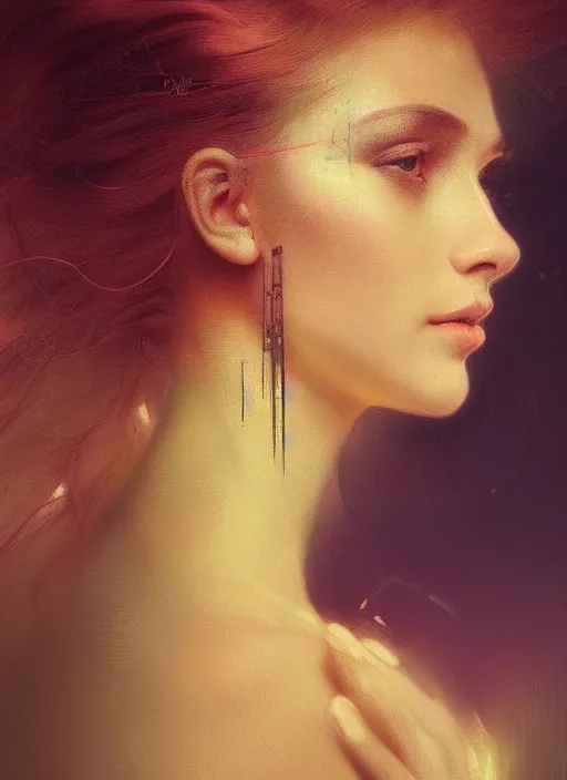 Image similar to a highly detailed photo of very intricate female face portrait, futurism, rococo cyber neon lighting, detailed futuristic fibonacci jewelry, profile posing, hyper photorealistic, trending in pinterest, cinematic, 4 k ultra hd, by denis villeneuve tom anders zorn hans dragan bibin thoma greg rutkowski ismail inceoglu illustrated sand storm alphonse mucha