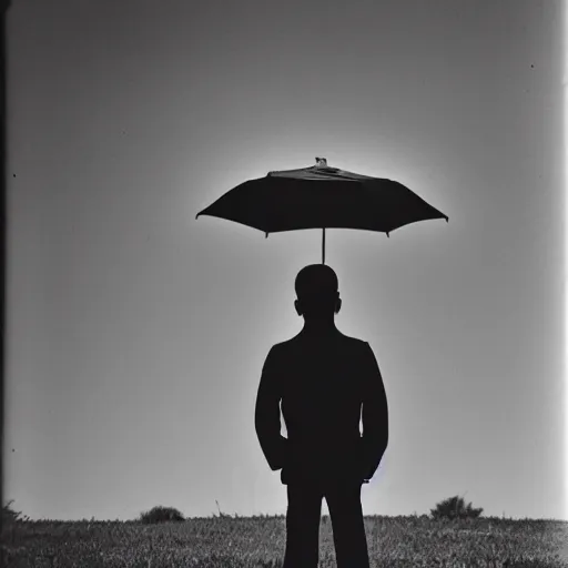 Prompt: young man holding an umbrella, 14mm photo