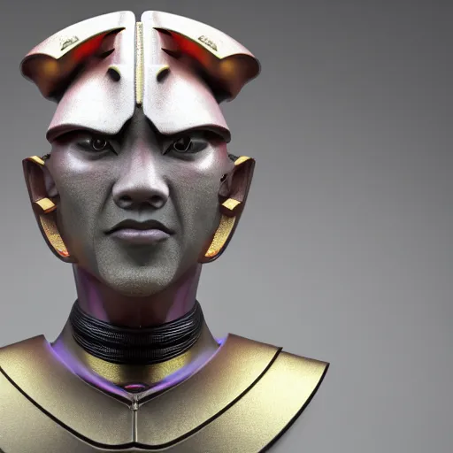 Image similar to portrait of a bust of a samurai head with futuristic fashion elements created by yuuki morita, brilliantly colored, octane render, 3 d animated, unreal engine 5, studio lighting, smooth surface