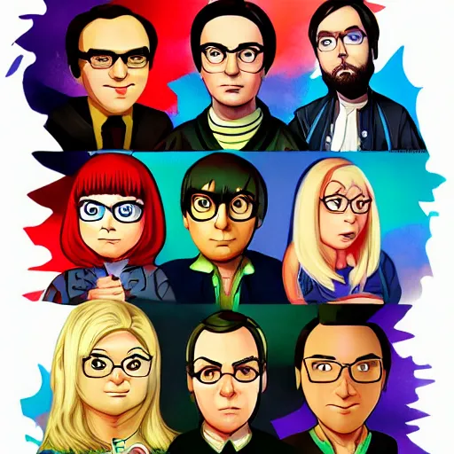 Image similar to characters of The Big Bang Theory illustrated by waveloop, artstation