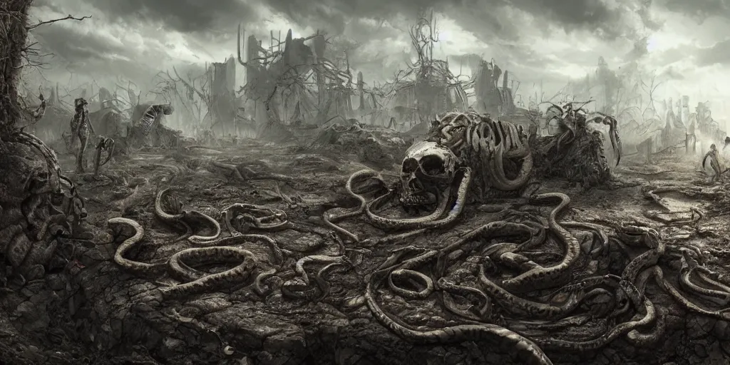 Image similar to snakes crawling from skulls in apocalyptic wasteland, depressing, morbid, surreal, 4 k, digital art, concept art, trending on artstation, highly detailed, epic composition