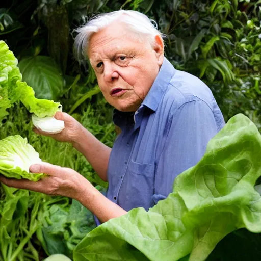 Image similar to David Attenborough looking at a piece of lettuce in the jungle, still, photograph, sharp focus