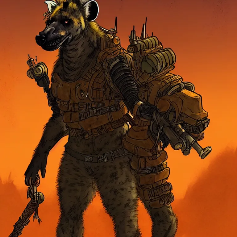 Image similar to a good ol'hyena fursona ( from the furry fandom ), heavily armed and armored facing down armageddon in a dark and gritty version from the makers of mad max : fury road. witness me.