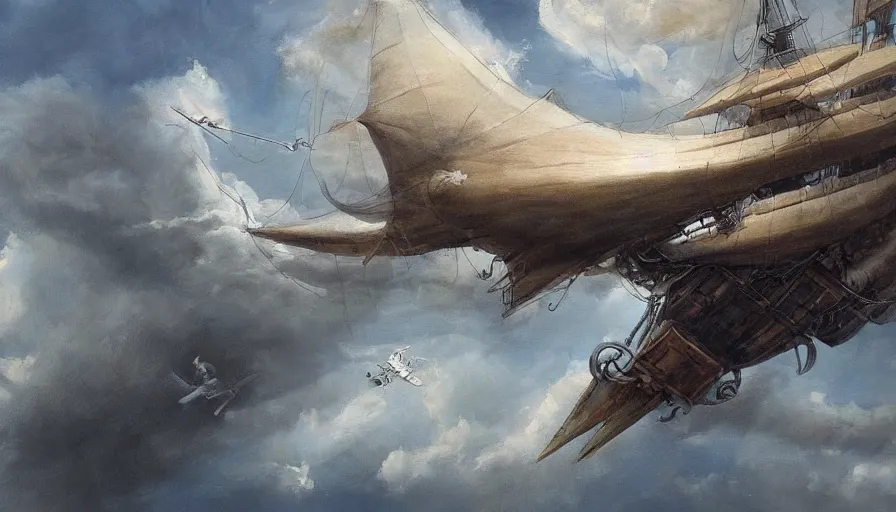 Image similar to a large pirate airship flying among the clouds, soaring through the sky, airship, realist painting, pirate, beautiful, highly detailed, trending on art station