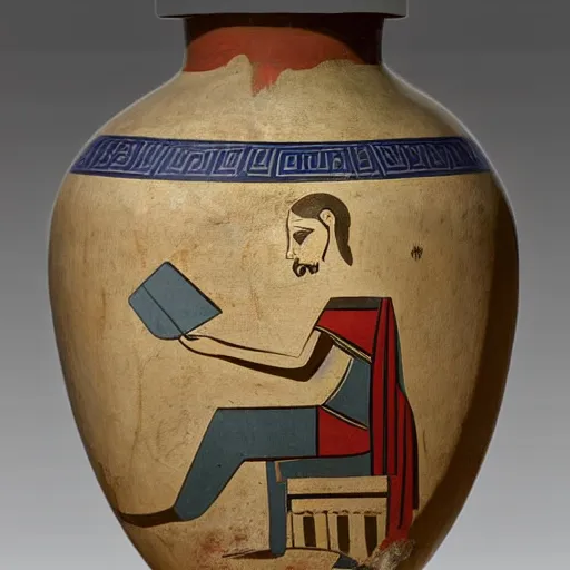 Image similar to photo of an anceint greek vase depicting a man playing games on his computer with his back hunched, 4 k, award winning photograph, ancient greek vase, museum photograph, highly detailed