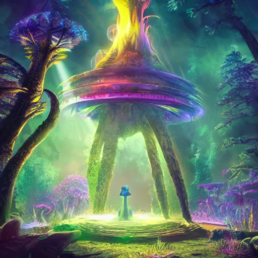 Prompt: Alien temple in a forest, light rays, colorful, fantasy sparkling magic fires, particles, exploration, incredible detail, professional composition, digital art, 4K