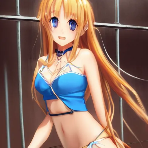 Prompt: a very beautiful young yuuki asuna, full body, long wavy blond hair, sky blue eyes, full round face,, shiny golden bikini, miniskirt, front shot, locked in a bright prison cell, highly detailed, cinematic wallpaper by stanley artgerm lau