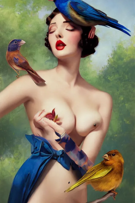 Image similar to hyper realistic painting, tasteful pinup girl holding an indigo bunting, bird, the bird is wearing a bowtie, by greg rutkowski, rossdraws, gil elvgren, enoch bolles, anime, porcelain skin, very coherent