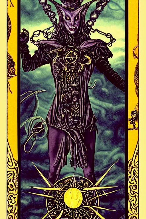 Image similar to A reimagining of the Rider–Waite tarot card The devil, steeped in occult symbols of power and authority, surreal horror motif, control dominion theme, detailed matte painting, digital illustration, global illumination, 8k resolution, face, short leg, long torso, low shoulder, long arm, asymmetric face, beautiful colors, occult symbols hidden, on old amber paper, RPG portrait, dynamic lighting