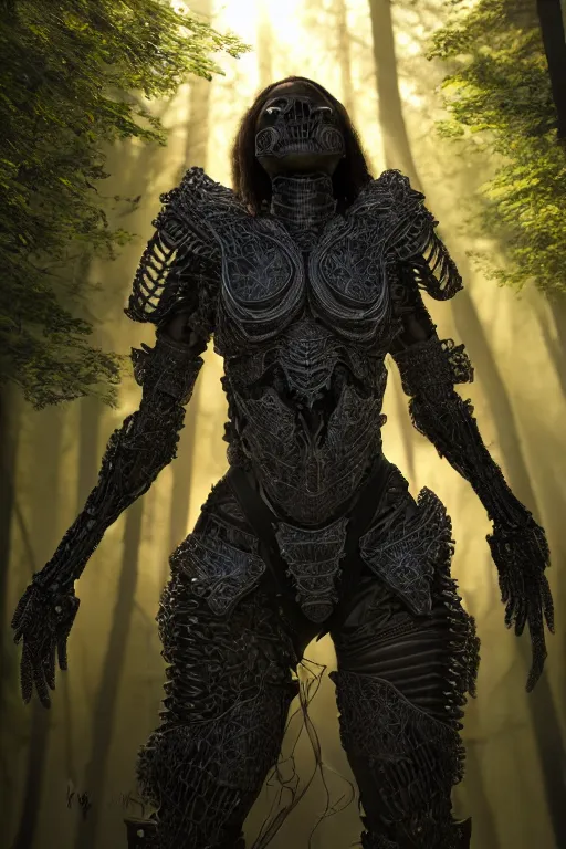 Image similar to hyperrealistic long shot mithra gorgeous black woman intricate exoskeleton bone armor in a forest sun behind her god rays highly detailed concept art eric zener elson peter cinematic low angle hd 8k sharp rack focus