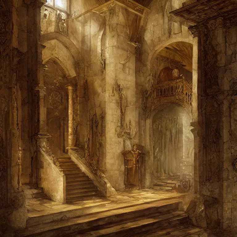 Prompt: a detailed painting of a medieval hall with statue and big staircase. fantasy poster. lord of the rings style. cinematic fantasy scene. fantasy. carl spitzweg. renaissance elements. renaissance element. oil painting. award winning. trending on artstation. 8 k