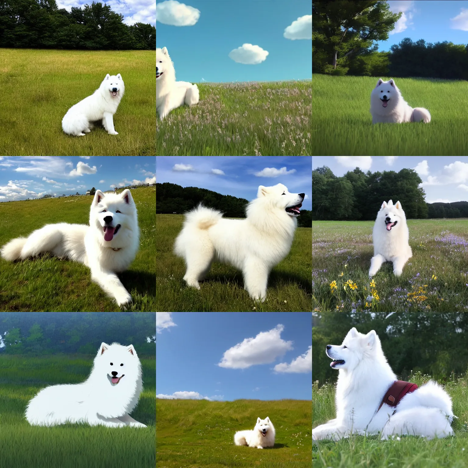 Prompt: a samoyed dog sitting in the middle of sunny meadow, by Makoto Shinkai