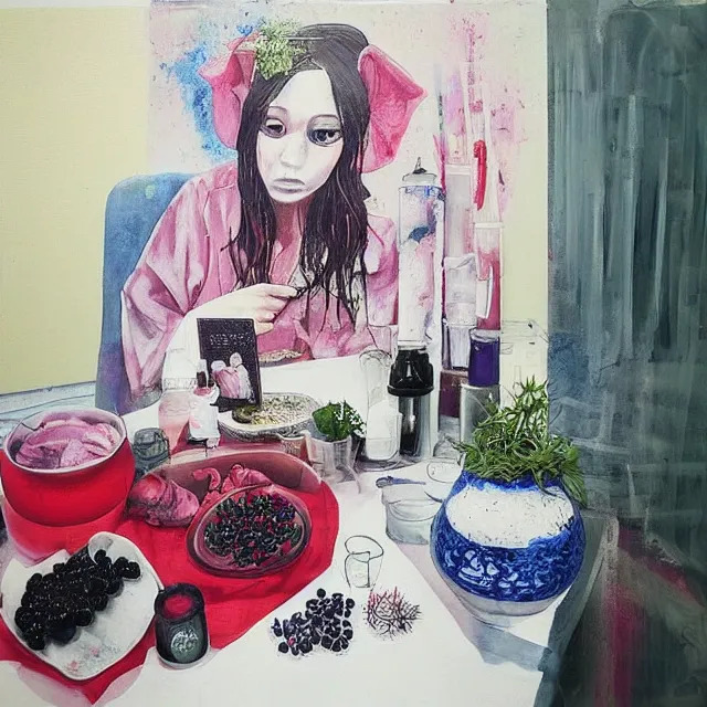 Image similar to “ a portrait in a female art student ’ s apartment, sensual, a pig theme, art supplies, surgical iv bag, octopus, ikebana, herbs, a candle dripping white wax, japanese pottery, squashed berries, berry juice drips, acrylic and spray paint and oilstick on canvas, surrealism, neoexpressionism ”