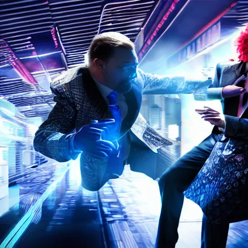 Image similar to a fight between a boho cyberpunk hippie and a high - tech suit businessman, epic art, cinematic mid shot fight