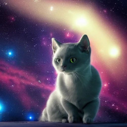 Prompt: a beatiful cute Russian blue cat floating in outer space, photorealistic, octane render, blender cycles engine, volumetric lighting, astrophotography, 4k ultra hd, HDR, detailed