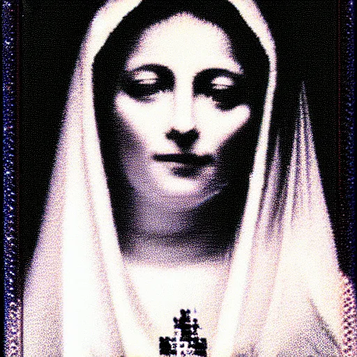 Image similar to vhs static overlay of marian apparition, vhs, 1 9 9 0, highly realistic, highly detailed, vhs noise static, black and white, vhs glitch