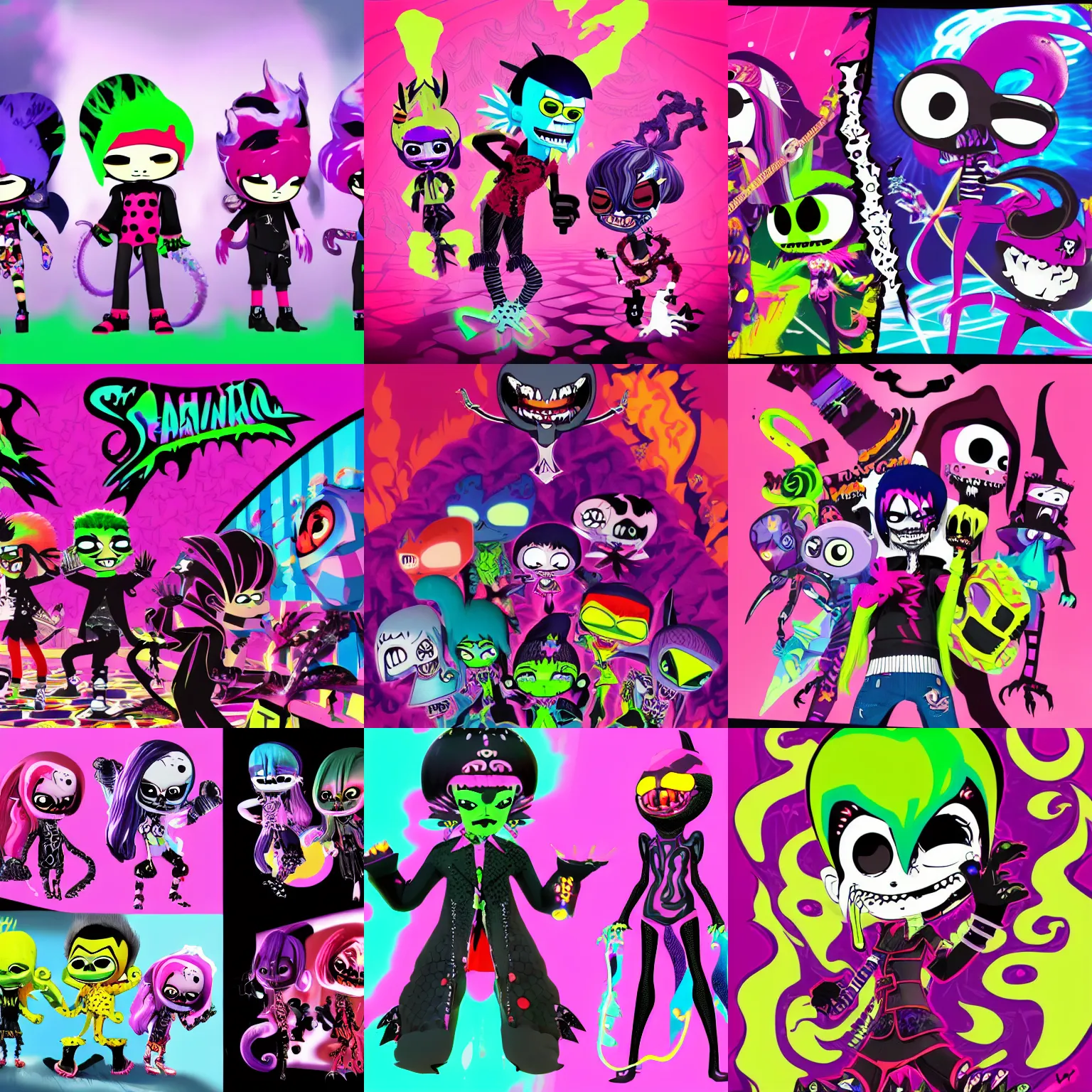Prompt: CGI lisa frank gothic punk vampiric electrifying vampiric squid character designs of varying shapes and sizes by genndy tartakovsky and Jamie Hewlett from gorillaz for a new splatoon game by nintendo high resolution, rtx